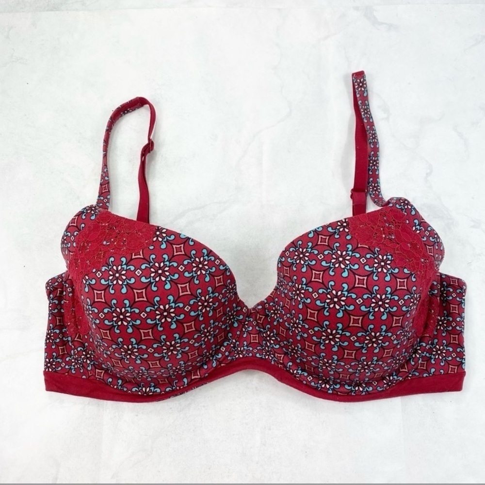 Victoria's Secret Red Bra with Blue Floral Design